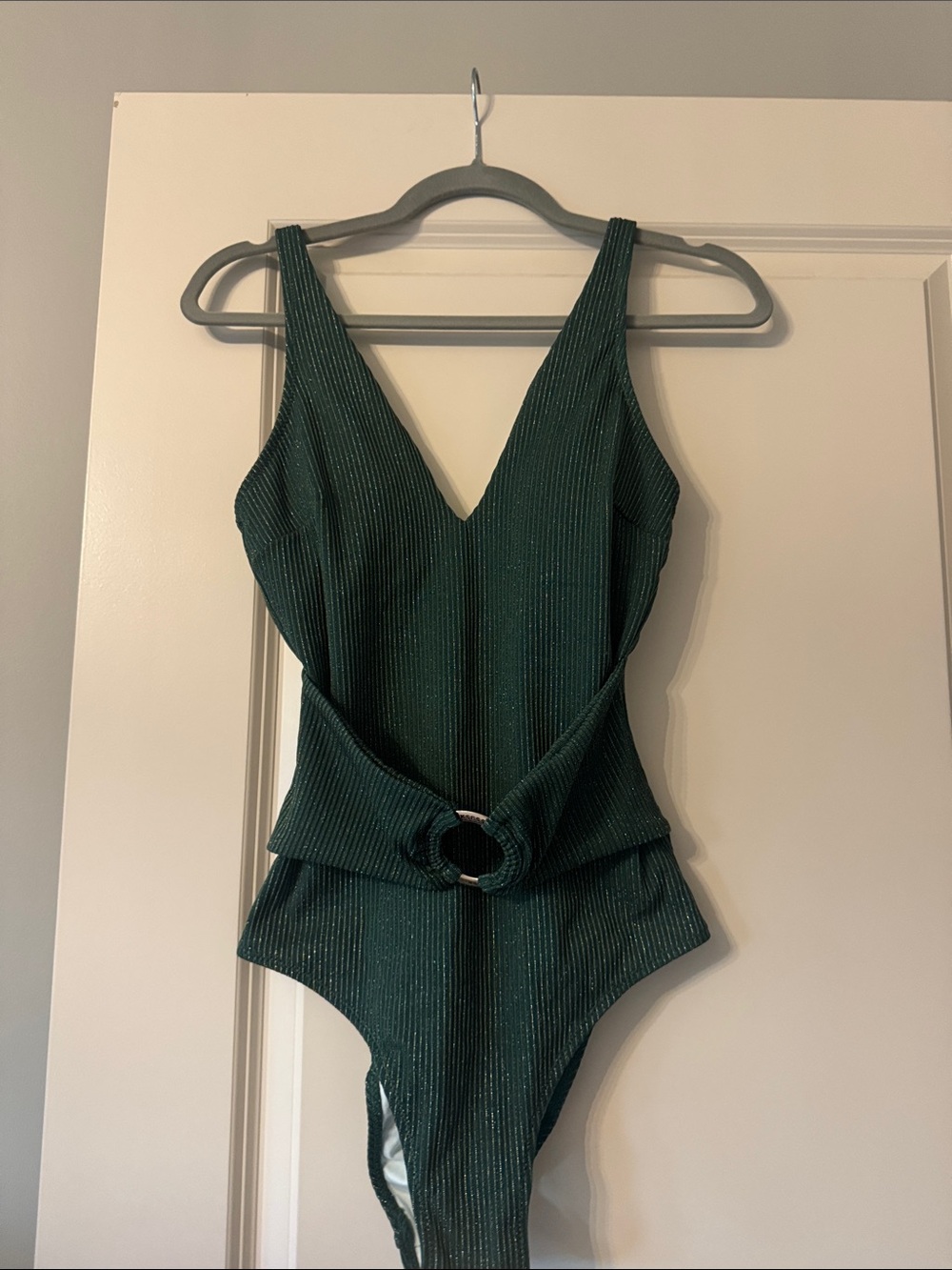 Women’s Dark Green Ribbed One-Piece swimsuit with Decorative Ring Belt